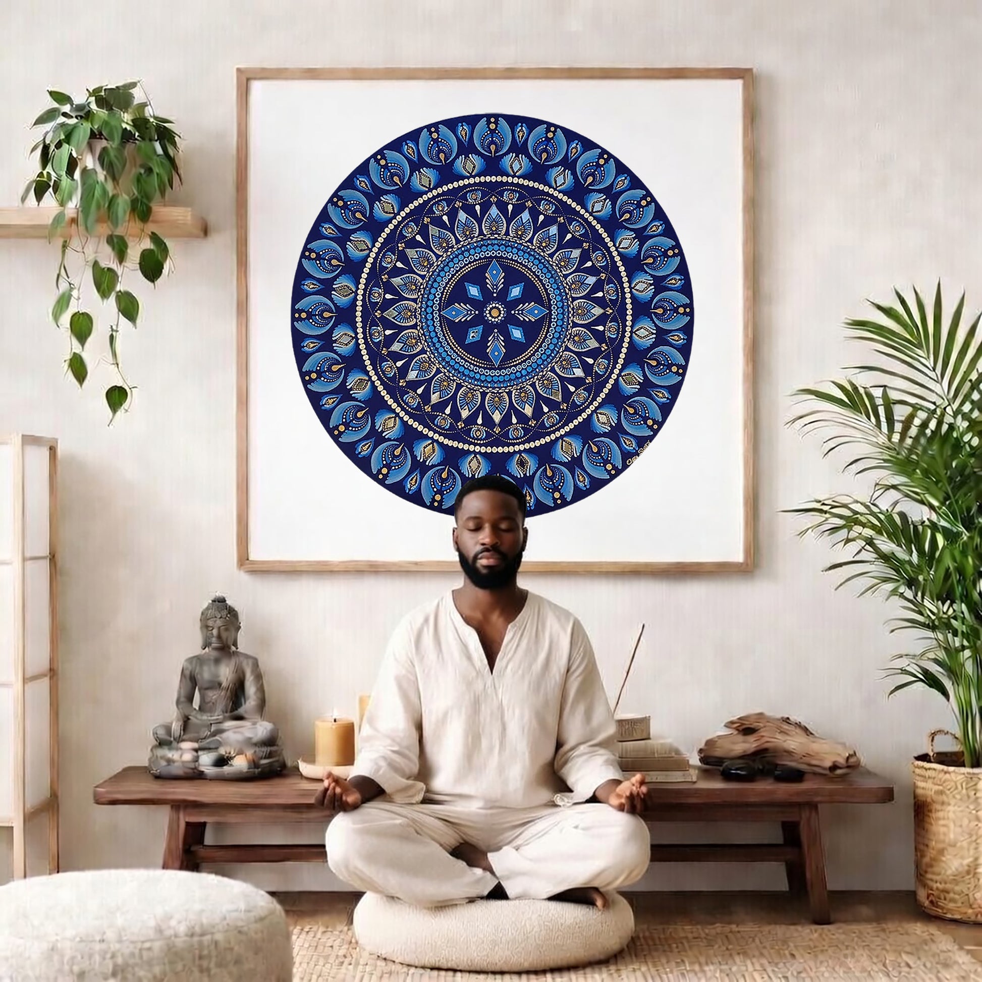 Geometric mandala with 8 diamond shapes arranged symmetrically in the design, intricate meditation artwork printed on a poster. The mandala poster is framed and is in the center of the living room wall. There is a man meditating facing away from the wall. Behind him is a coffee table with incense and a Buddha statue. There are potted plants on the right and left side of the background. 

