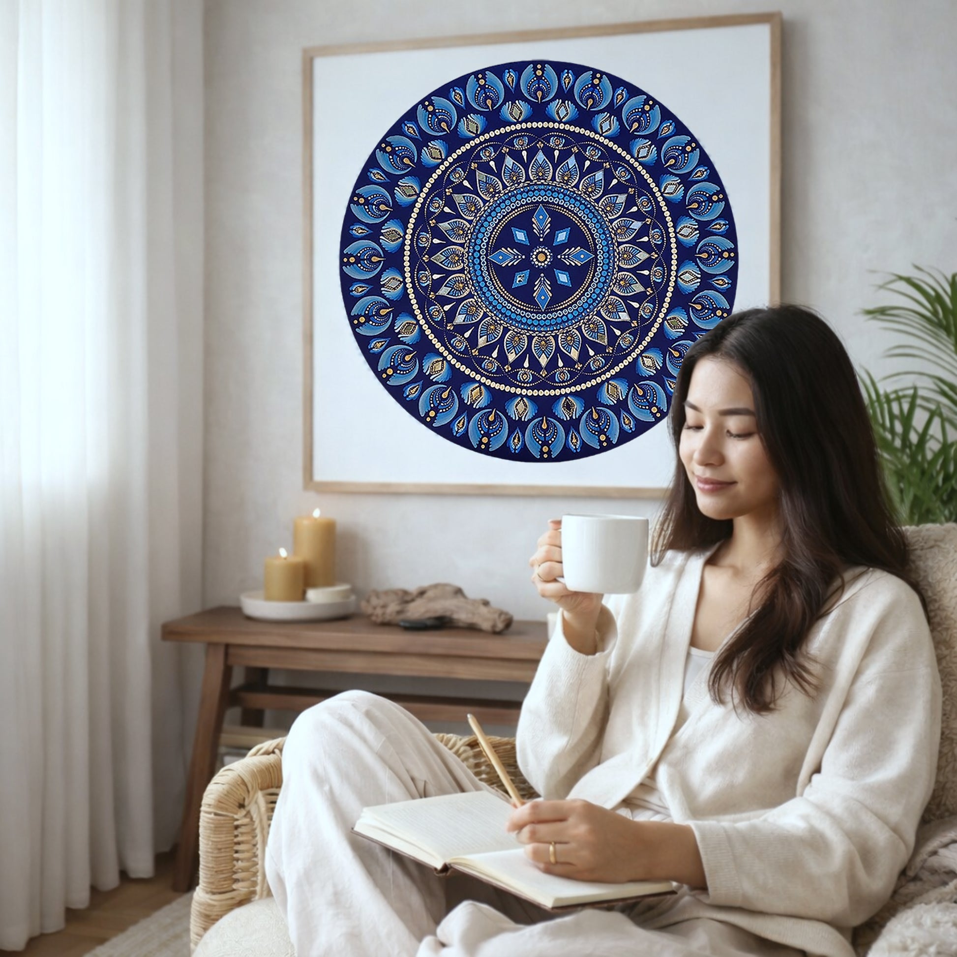 Geometric mandala with 8 diamond shapes arranged symmetrically in the design, intricate meditation artwork printed on a poster.  The mandala poster is framed and is in the center of the living room wall. There is a coffee table below the poster with burning candles. A woman is sitting in a wicker chair on the right side of the mandala with a cup of tea writing in her journal.
