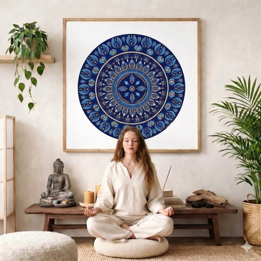 Geometric mandala with 8 diamond shapes arranged symmetrically in the design, intricate meditation artwork printed on a poster. The mandala poster is framed and is in the center of the living room wall. There is a young woman meditating facing away from the wall. Behind her is a coffee table with incense and a Buddha statue. There is also a large piece of driftwood. There are potted plants on the right and left side of the background. 
