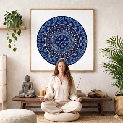 Geometric mandala with 8 diamond shapes arranged symmetrically in the design, intricate meditation artwork printed on a poster. The mandala poster is framed and is in the center of the living room wall. There is a young woman meditating facing away from the wall. Behind her is a coffee table with incense and a Buddha statue. There is also a large piece of driftwood. There are potted plants on the right and left side of the background. 

