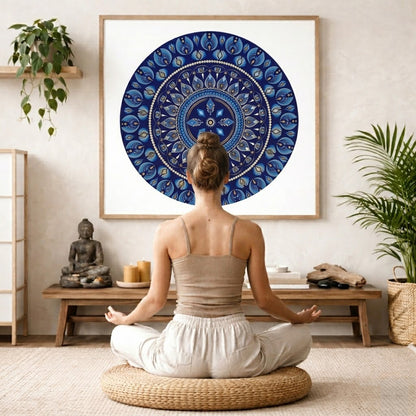 Geometric mandala with 8 diamond shapes arranged symmetrically in the design, intricate meditation artwork printed on a poster. The mandala is framed hanging on a living room wall. A woman is mediating facing the mandala. There is a coffee table in front of her with burning candles and a Buddha statue. There are green potted plants on each side of the room.
