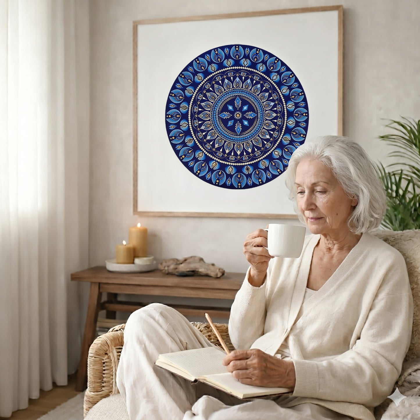 Geometric mandala with8 diamond shapes arranged symmetrically in the design, intricate meditation artwork printed on a poster.  The mandala poster is framed and is in the center of the living room wall. There is a coffee table below the poster with burning candles. There is also a piece of driftwood. An elderly woman is sitting in a wicker chair on the right side of the mandala with a cup of tea writing in her journal.
