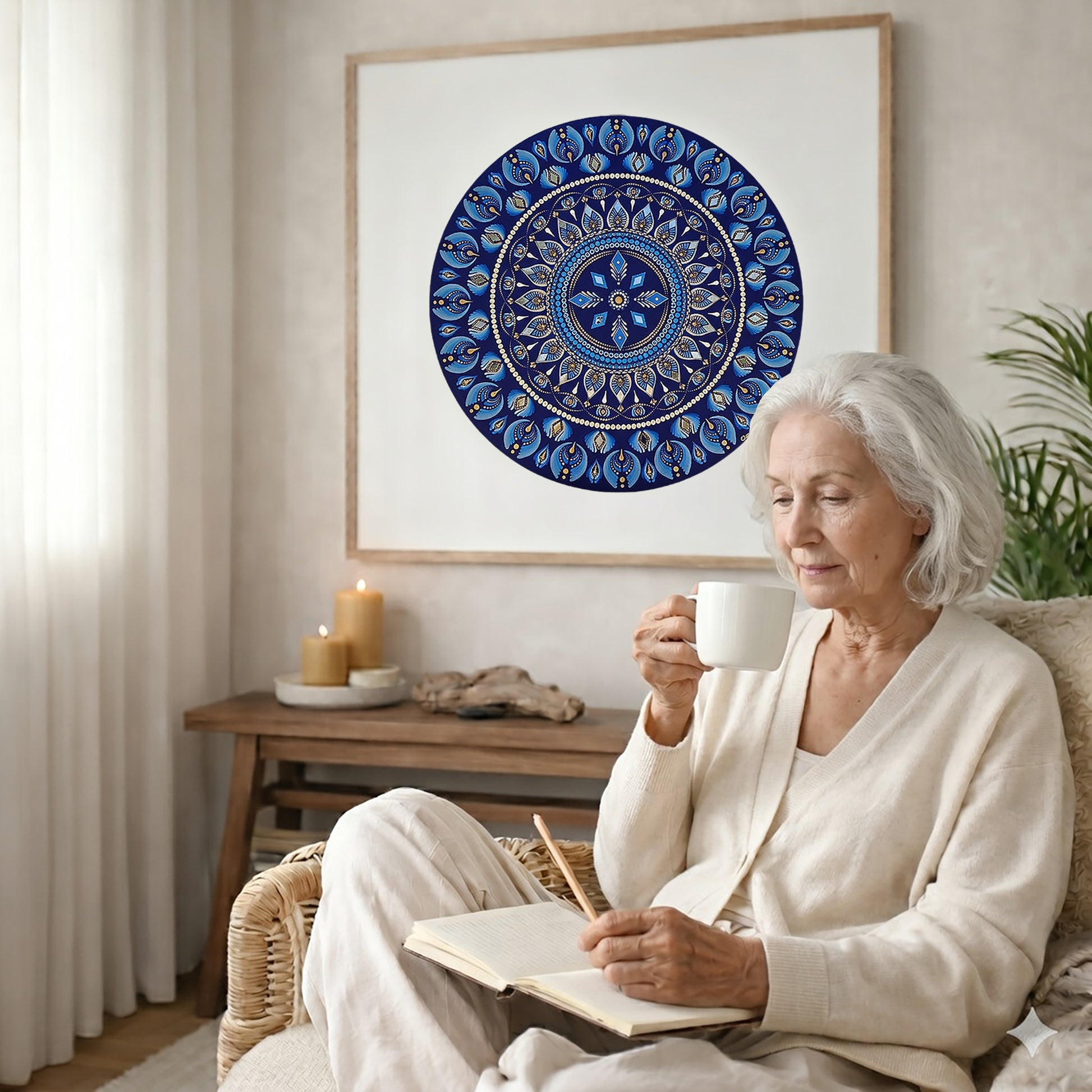 Geometric mandala with8 diamond shapes arranged symmetrically in the design, intricate meditation artwork printed on a poster.  The mandala poster is framed and is in the center of the living room wall. There is a coffee table below the poster with burning candles. There is also a piece of driftwood. An elderly woman is sitting in a wicker chair on the right side of the mandala with a cup of tea writing in her journal.
