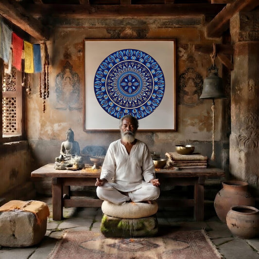 Geometric mandala with eight diamond shapes arranged symmetrically in the design, intricate meditation artwork printed on a poster. A man is meditating in a Buddhist temple. The mandala is on the wall behind him. There is a table behind him with a Buddha statue on it and burning incense. To the left is an open window. To the left are some clay pots and a bell. The wall behind him has very old faded images on it.