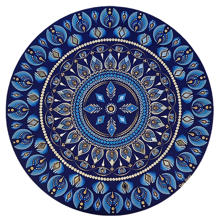Thumbnail of a Geometric mandala with eight diamond shapes arranged symmetrically in the design, intricate meditation artwork printed on a poster.  This is a print of the original hand-painted mandala by Brazilian artist Claudia Stagni.