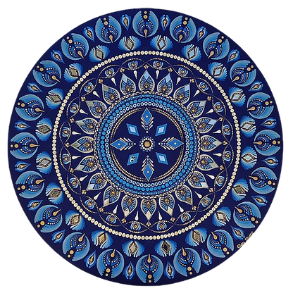 Thumbnail of a Geometric mandala with eight diamond shapes arranged symmetrically in the design, intricate meditation artwork printed on a poster.  This is a print of the original hand-painted mandala by Brazilian artist Claudia Stagni.