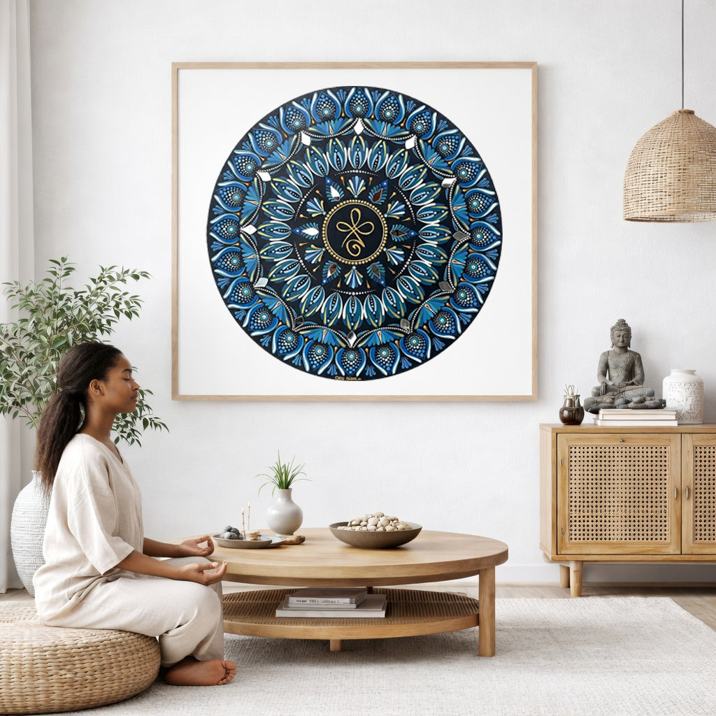 Mandala featuring three looping shapes in the center with layered symmetrical patterns, detailed meditation design on a mindfulness poster. The mandala poster is framed and is in the center of the living room wall. A woman is on a chair on the left side of his living room meditating. There is a green potted plant behind her. On the right side is a cabinet with a Buddha statue on it.  
