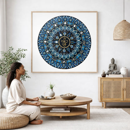 Mandala featuring three looping shapes in the center with layered symmetrical patterns, detailed meditation design on a mindfulness poster. The mandala poster is framed and is in the center of the living room wall. A woman is on a chair on the left side of his living room meditating. There is a green potted plant behind her. On the right side is a cabinet with a Buddha statue on it.  
