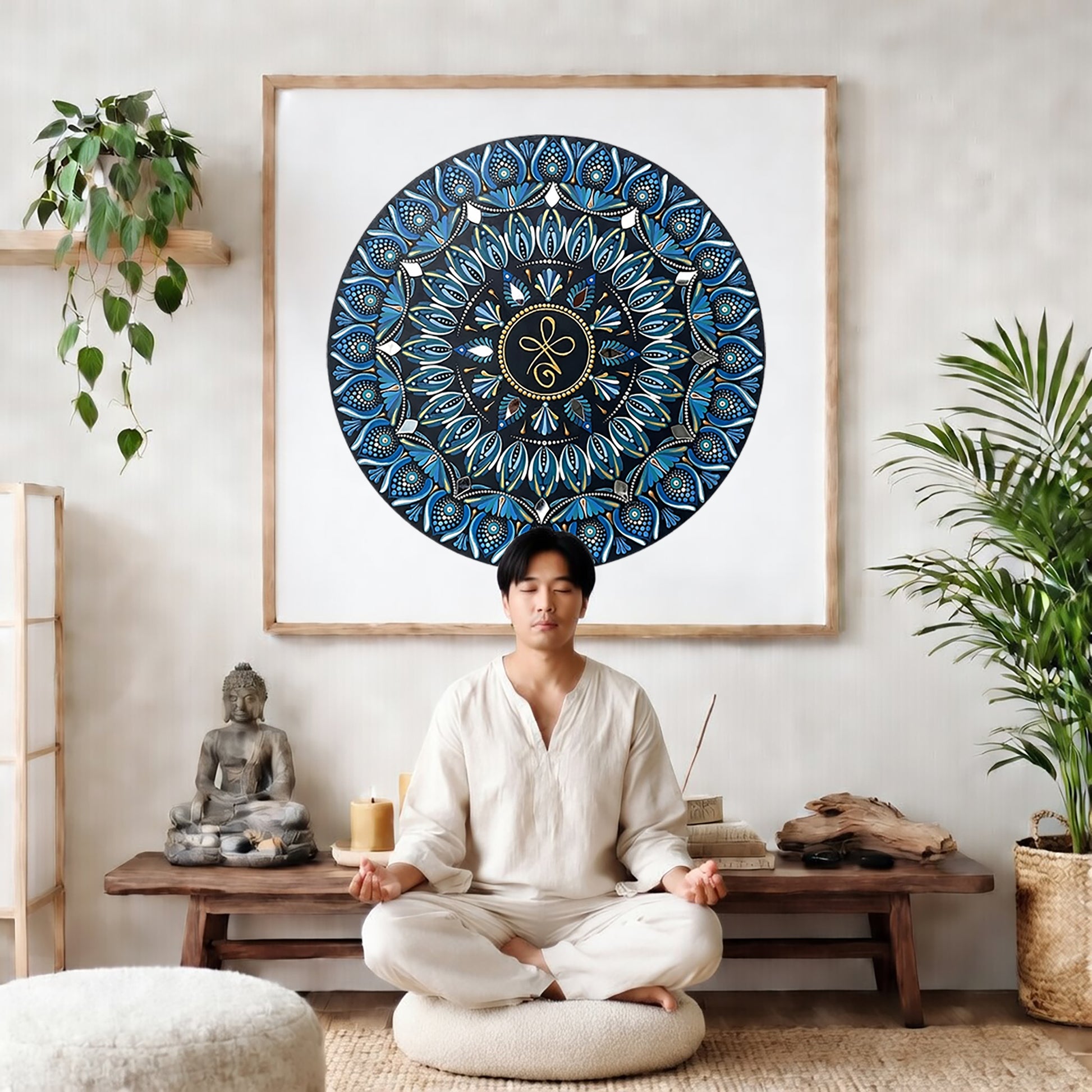 Mandala featuring three looping shapes in the center with layered symmetrical patterns, detailed meditation design on a mindfulness poster. The mandala poster is framed and is in the center of the living room wall. There is a man meditating facing away from the wall. Behind him is a coffee table with incense and a Buddha statue. There are potted plants on the right and left side of the background. 
