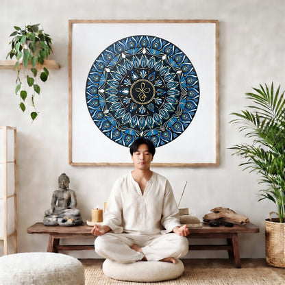 Mandala featuring three looping shapes in the center with layered symmetrical patterns, detailed meditation design on a mindfulness poster. The mandala poster is framed and is in the center of the living room wall. There is a man meditating facing away from the wall. Behind him is a coffee table with incense and a Buddha statue. There are potted plants on the right and left side of the background. 
