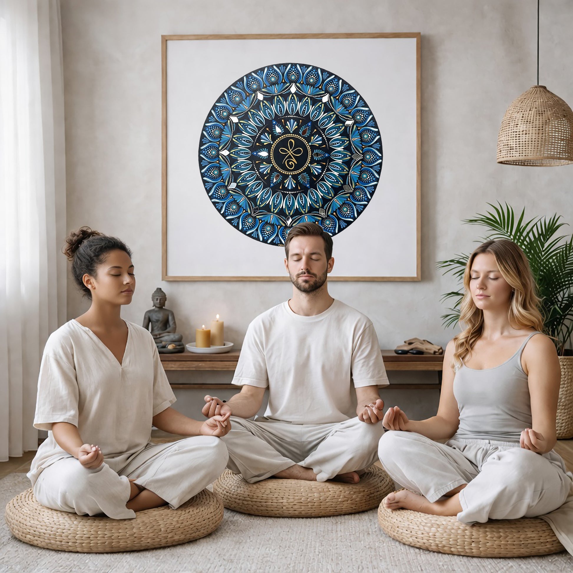 Mandala featuring three looping shapes in the center with layered symmetrical patterns, detailed meditation design on a mindfulness poster. Three friends are sitting on wicker pillows meditating in a living room. The mandala framed is on the wall behind them. The table behind them has a Buddha statue and a lit candle. There is a white curtain to the left and a hanging lamp and a potted green plant on the right.