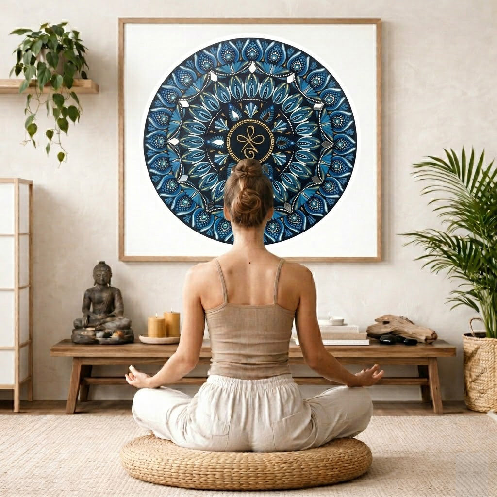 Mandala featuring three looping shapes in the center with layered symmetrical patterns, detailed meditation design on a mindfulness poster.  The mandala is framed hanging on a living room wall. A woman is mediating facing the mandala. There is a coffee table in front of her with burning candles and a Buddha statue. There are green potted plants on each side of the room.
