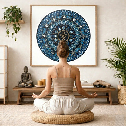 Mandala featuring three looping shapes in the center with layered symmetrical patterns, detailed meditation design on a mindfulness poster.  The mandala is framed hanging on a living room wall. A woman is mediating facing the mandala. There is a coffee table in front of her with burning candles and a Buddha statue. There are green potted plants on each side of the room.

