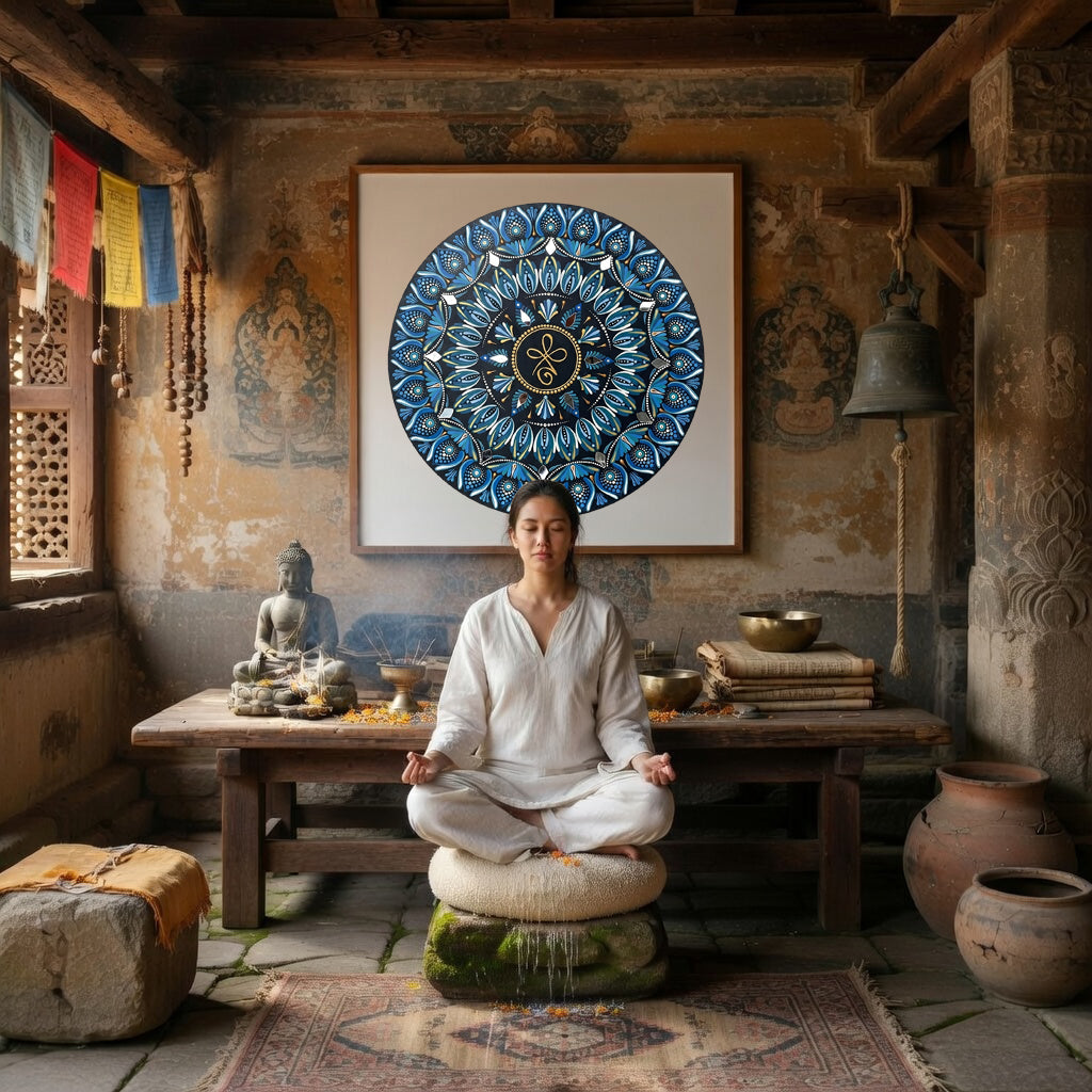 Mandala featuring three looping shapes in the center with layered symmetrical patterns, detailed meditation design on a mindfulness poster.  A young woman is meditating in a Buddhist temple. The mandala is hanging on the wall behind her. There is a  wooden table behind her with a Buddha statue on it and burning incense. To the left is an open window. To the right are some clay pots and a bell. The wall behind her has very old faded spiritual images on it.