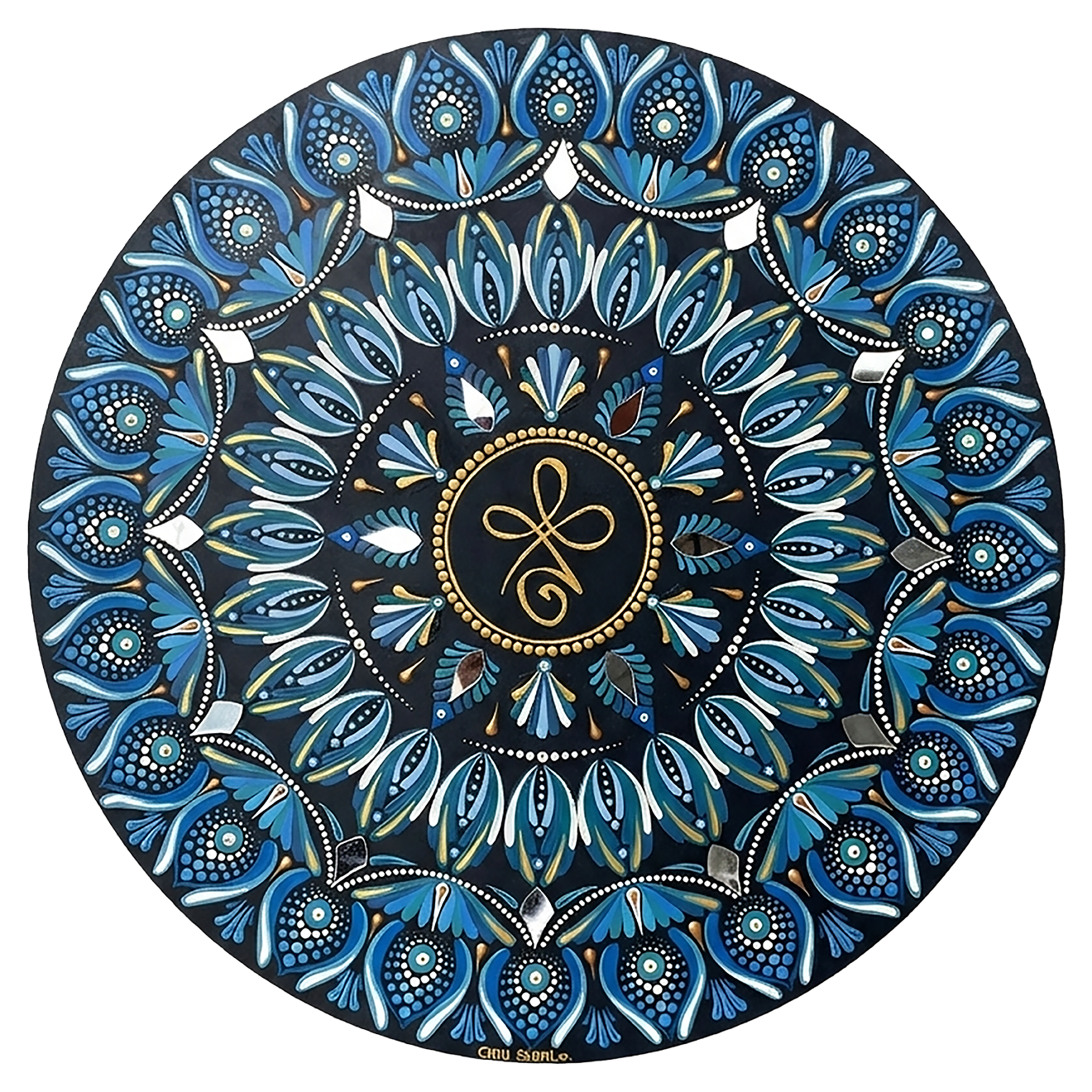 Thumbnail of a Mandala featuring three looping shapes in the center with layered symmetrical patterns, detailed meditation design on a mindfulness poster.  This is a print of the original hand-painted mandala by Brazilian artist Claudia Stagni.