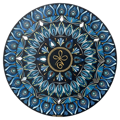 Thumbnail of a Mandala featuring three looping shapes in the center with layered symmetrical patterns, detailed meditation design on a mindfulness poster.  This is a print of the original hand-painted mandala by Brazilian artist Claudia Stagni.