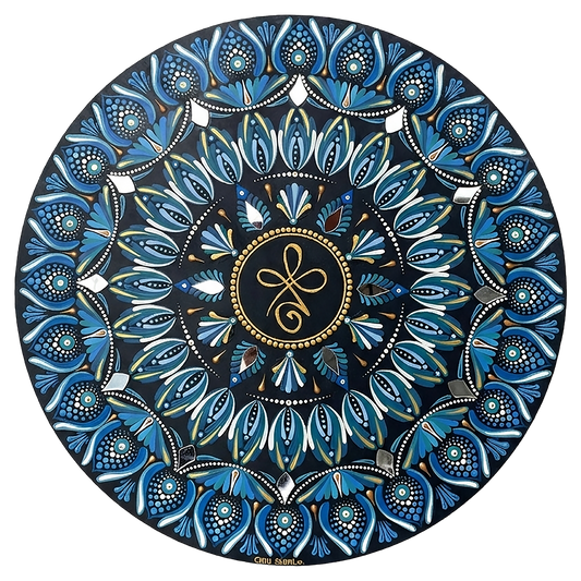 Thumbnail of a Mandala featuring three looping shapes in the center with layered symmetrical patterns, detailed meditation design on a mindfulness poster.  This is a print of the original hand-painted mandala by Brazilian artist Claudia Stagni.