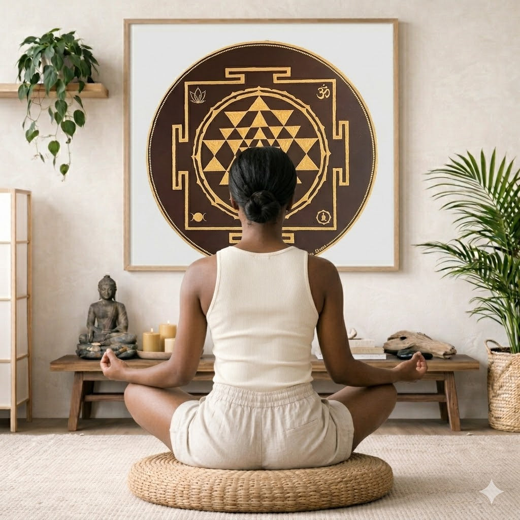 Brown and gold mandala with ornate circular patterns and rich contrast, elegant spiritual meditation design on a poster.  The mandala is framed hanging on a living room wall. A woman is mediating facing the mandala. There is a coffee table in front of her with burning candles and a Buddha statue. There are green potted plants on each side of the room.
