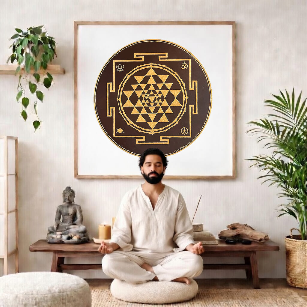 Brown and gold mandala with ornate circular patterns and rich contrast, elegant spiritual meditation design on a poster.  The mandala poster is framed and is in the center of the living room wall. There is a man meditating facing away from the wall. Behind him is a coffee table with incense and a Buddha statue. There are potted plants on the right and left side of the background. 
