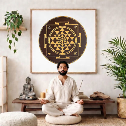 Brown and gold mandala with ornate circular patterns and rich contrast, elegant spiritual meditation design on a poster.  The mandala poster is framed and is in the center of the living room wall. There is a man meditating facing away from the wall. Behind him is a coffee table with incense and a Buddha statue. There are potted plants on the right and left side of the background. 
