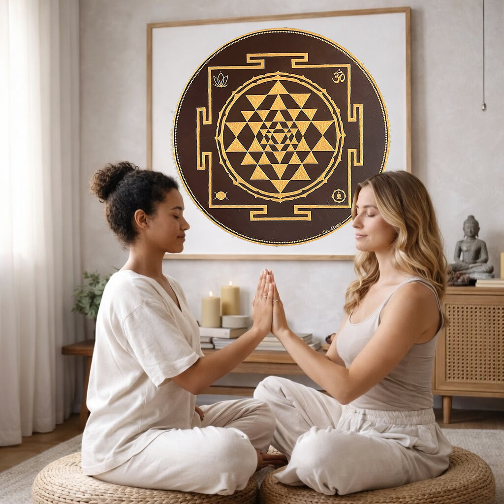 Brown and gold mandala with ornate circular patterns and rich contrast, elegant spiritual meditation design on a poster.  The mandala poster is framed and is in the center of the living room wall. The mandala is framed hanging on the wall. Two women sitting on wicker cushions have their hands pressed together moving energy between them. There is a cabinet on the right side with a Buddha statue on it.