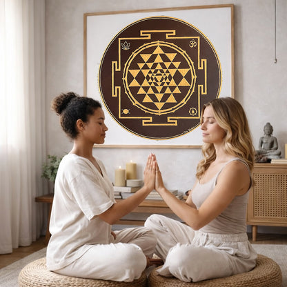 Brown and gold mandala with ornate circular patterns and rich contrast, elegant spiritual meditation design on a poster.  The mandala poster is framed and is in the center of the living room wall. The mandala is framed hanging on the wall. Two women sitting on wicker cushions have their hands pressed together moving energy between them. There is a cabinet on the right side with a Buddha statue on it.