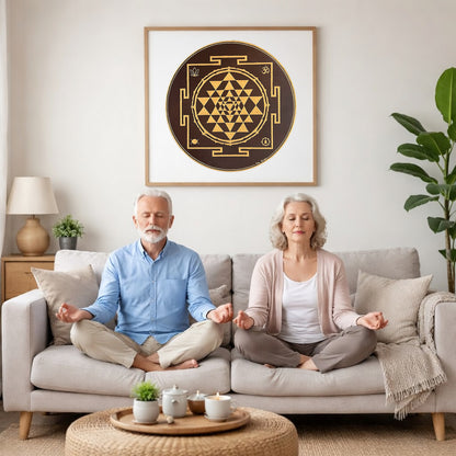 Brown and gold mandala with ornate circular patterns and rich contrast, elegant spiritual meditation design on a poster.  A couple is meditating on their couch. The mandala is framed on a wall behind them. There is a coffee table in front with candles burning and a potted plant. There is a potted plant to the right and shelves on the left.
