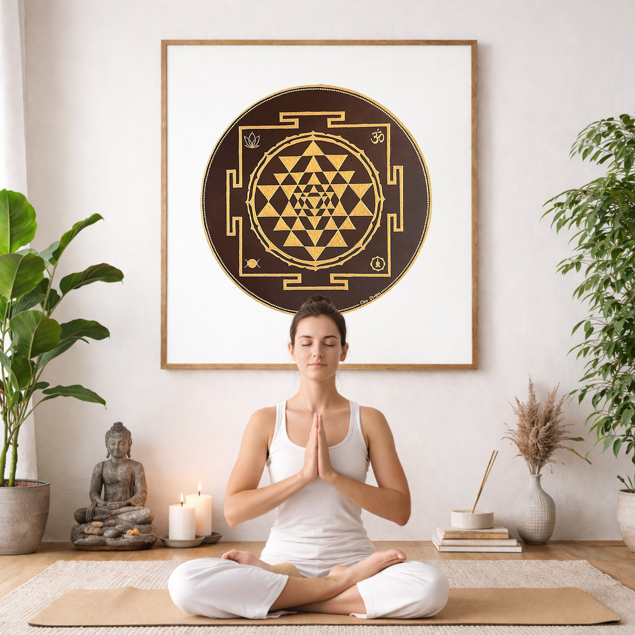 Brown and gold mandala with ornate circular patterns and rich contrast, elegant spiritual meditation design on a poster.  The mandala poster is framed and is in the center of the living room wall. There is a young woman meditating facing away from the wall. Behind her is a coffee table with incense and a Buddha statue. There are potted plants on the right and left side of the background.  There is also a vase with dry flowers in it.
