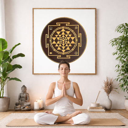 Brown and gold mandala with ornate circular patterns and rich contrast, elegant spiritual meditation design on a poster.  The mandala poster is framed and is in the center of the living room wall. There is a young woman meditating facing away from the wall. Behind her is a coffee table with incense and a Buddha statue. There are potted plants on the right and left side of the background.  There is also a vase with dry flowers in it.
