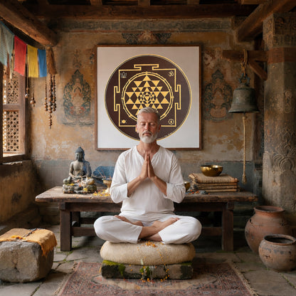 Brown and gold mandala with ornate circular patterns and rich contrast, elegant spiritual meditation design on a poster. A man is meditating in a Buddhist temple. The mandala is on the wall behind him. There is a table behind him with a Buddha statue on it and burning incense. To the left is an open window. To the left are some clay pots and a bell. The wall behind him has very old faded images on it.