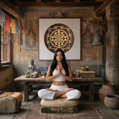 Brown and gold mandala with ornate circular patterns and rich contrast, elegant spiritual meditation design on a poster.  A woman is meditating in a Buddhist temple. The mandala is on the wall behind her. There is a table behind her with a Buddha statue on it and burning incense. To the left is an open window. To the left are some clay pots and a bell. The wall behind her has very old faded images on it.