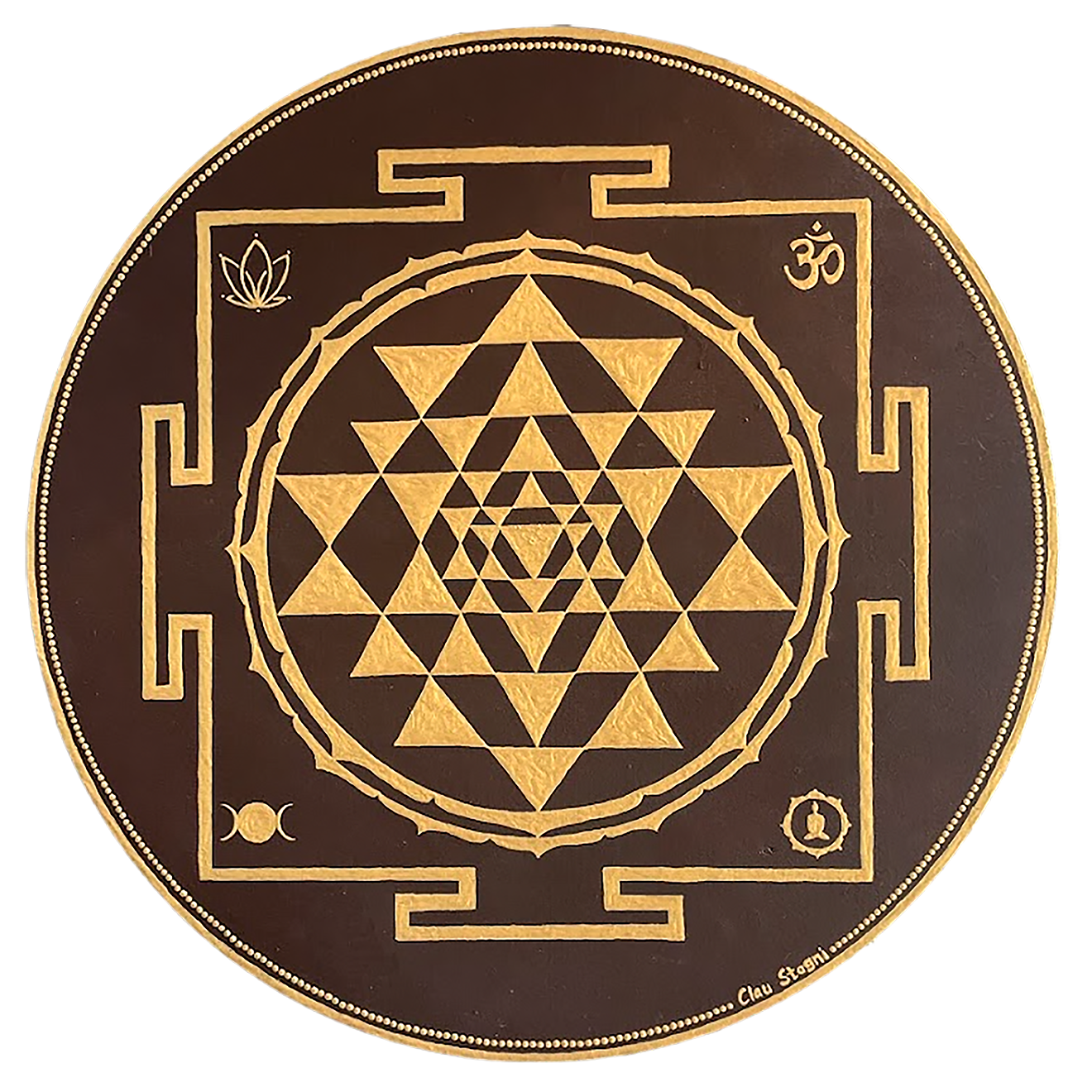 Thumbnail of a Brown and gold mandala with ornate circular patterns and rich contrast, elegant spiritual meditation design on a poster. This is a print of the original hand-painted mandala by Brazilian artist Claudia Stagni.