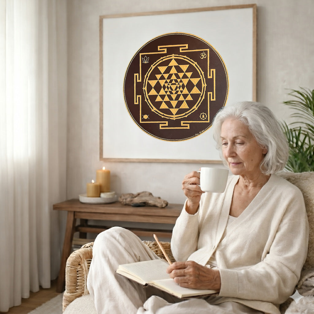 Brown and gold mandala with ornate circular patterns and rich contrast, elegant spiritual meditation design on a poster.  The mandala poster is framed and is in the center of the living room wall. There is a coffee table below the poster with burning candles. A woman is sitting in a wicker chair on the right side of the mandala with a cup of tea writing in her journal.
