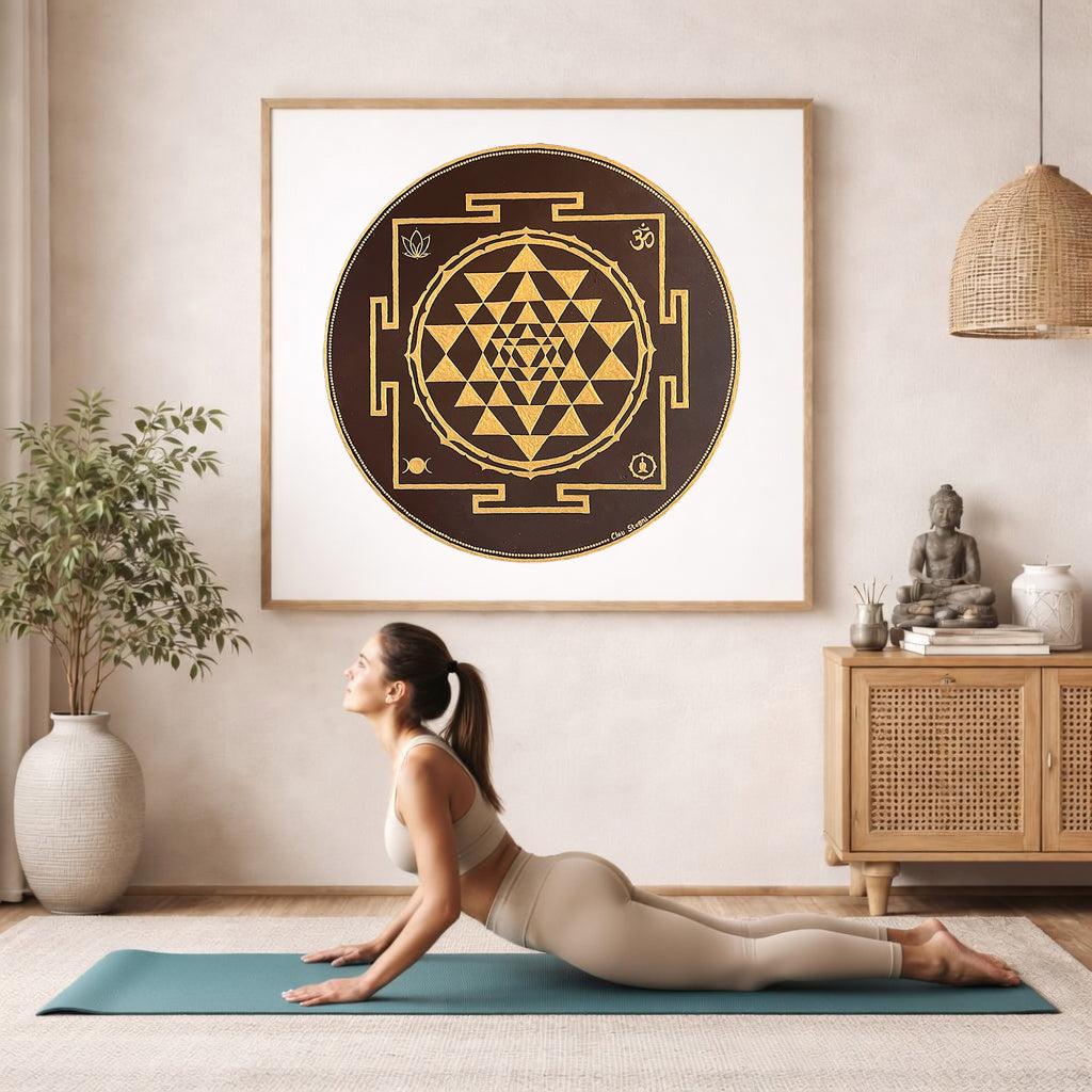 Brown and gold mandala with ornate circular patterns and rich contrast, elegant spiritual meditation design on a poster.  The mandala framed is hanging on the wall. A woman on her yoga mat is doing the cobra pose in front of the poster. here is a potted plant on the left side and a cabinet with a Buddha statue on it on the right side.
