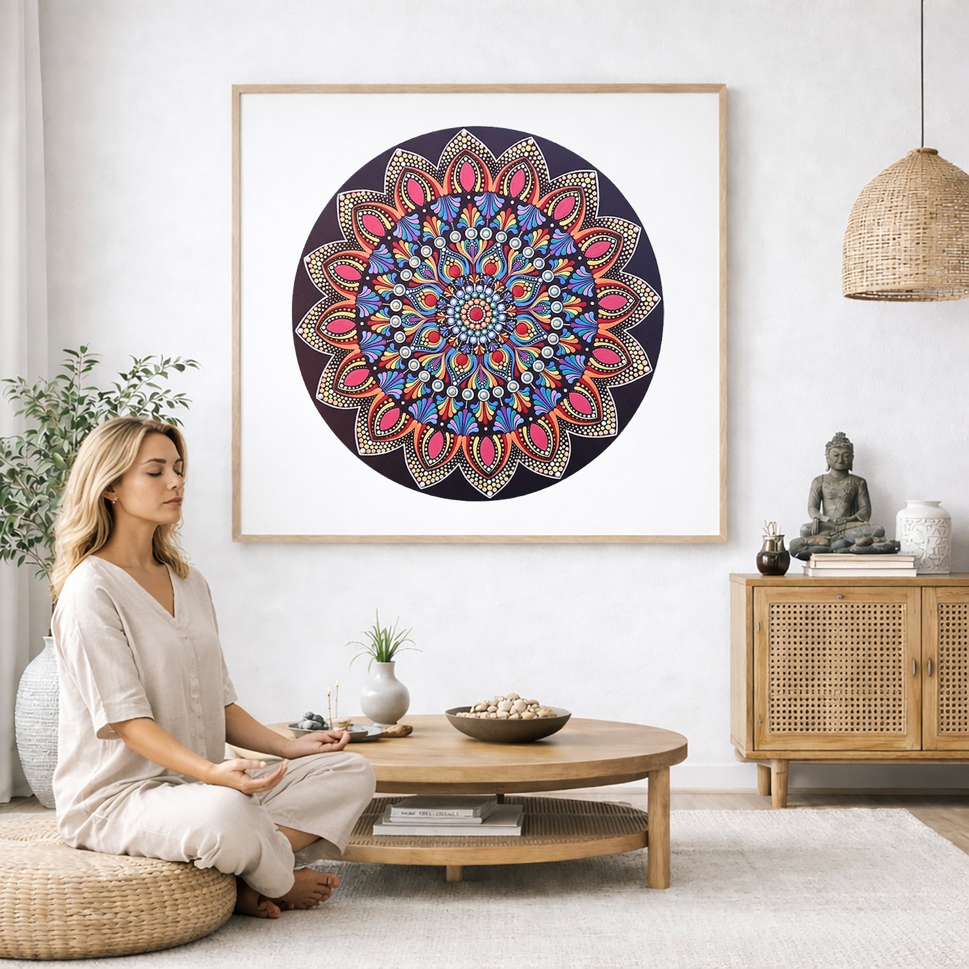 Mandala featuring a brilliant red center surrounded by calming circular colored patterns, striking meditation artwork on a poster.  The mandala poster is framed and is in the center of the living room wall. A woman is on a chair on the left side of his living room meditating. There is a green potted plant behind her. On the right side is a cabinet with a Buddha statue on it.  