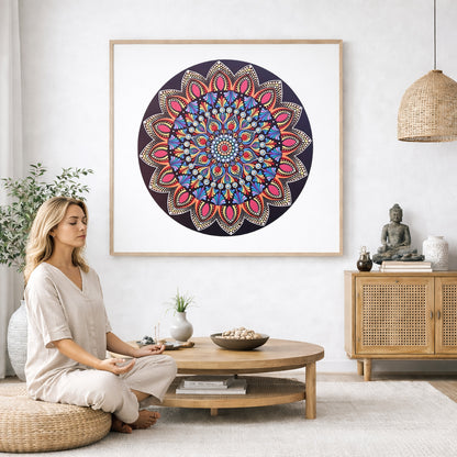 Mandala featuring a brilliant red center surrounded by calming circular colored patterns, striking meditation artwork on a poster.  The mandala poster is framed and is in the center of the living room wall. A woman is on a chair on the left side of his living room meditating. There is a green potted plant behind her. On the right side is a cabinet with a Buddha statue on it.  
