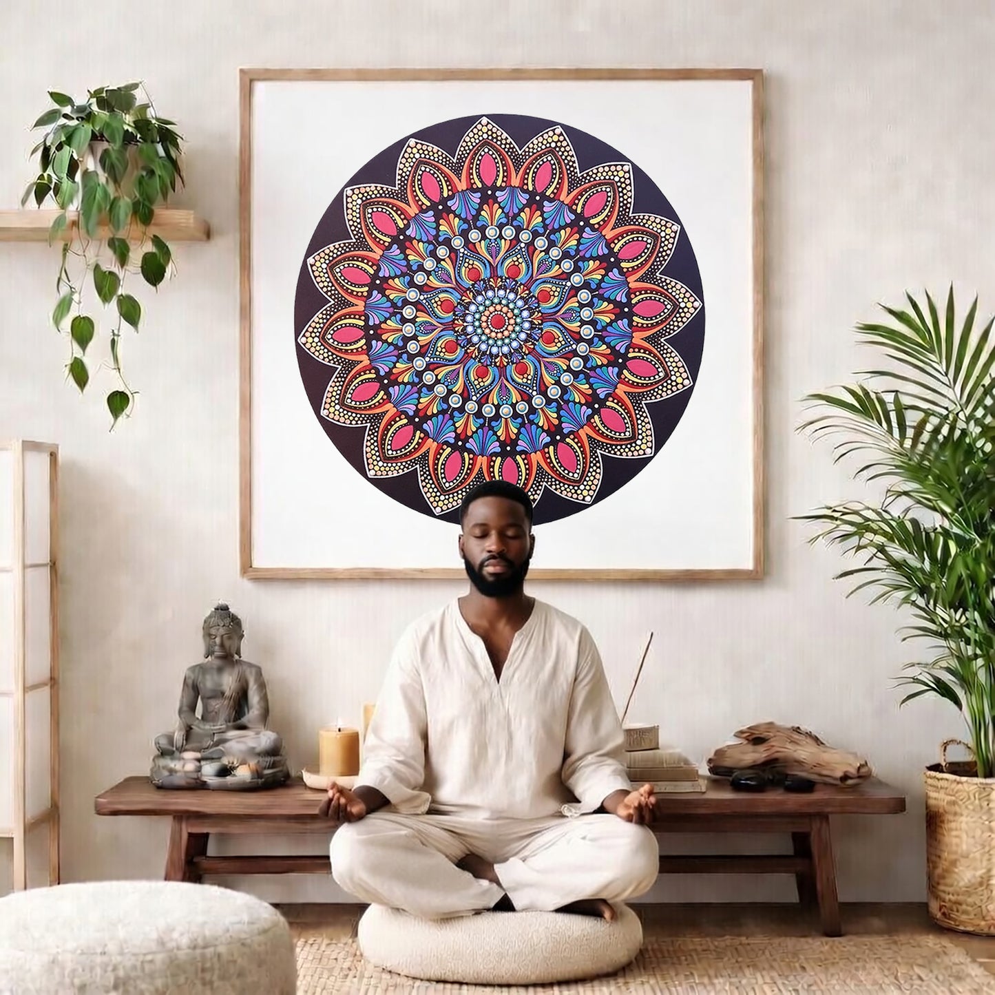 Mandala featuring a brilliant red center surrounded by calming circular colored patterns, striking meditation artwork on a poster. The mandala poster is framed and is in the center of the living room wall. There is a man meditating facing away from the wall. Behind him is a coffee table with incense and a Buddha statue. There are potted plants on the right and left side of the background. 
