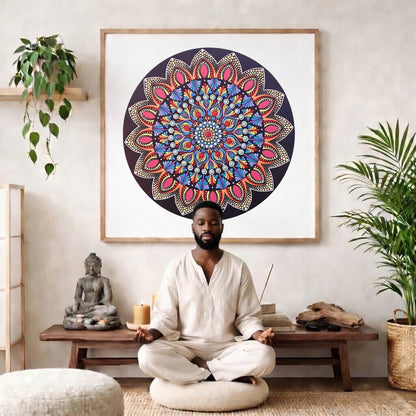 Mandala featuring a brilliant red center surrounded by calming circular colored patterns, striking meditation artwork on a poster. The mandala poster is framed and is in the center of the living room wall. There is a man meditating facing away from the wall. Behind him is a coffee table with incense and a Buddha statue. There are potted plants on the right and left side of the background. 

