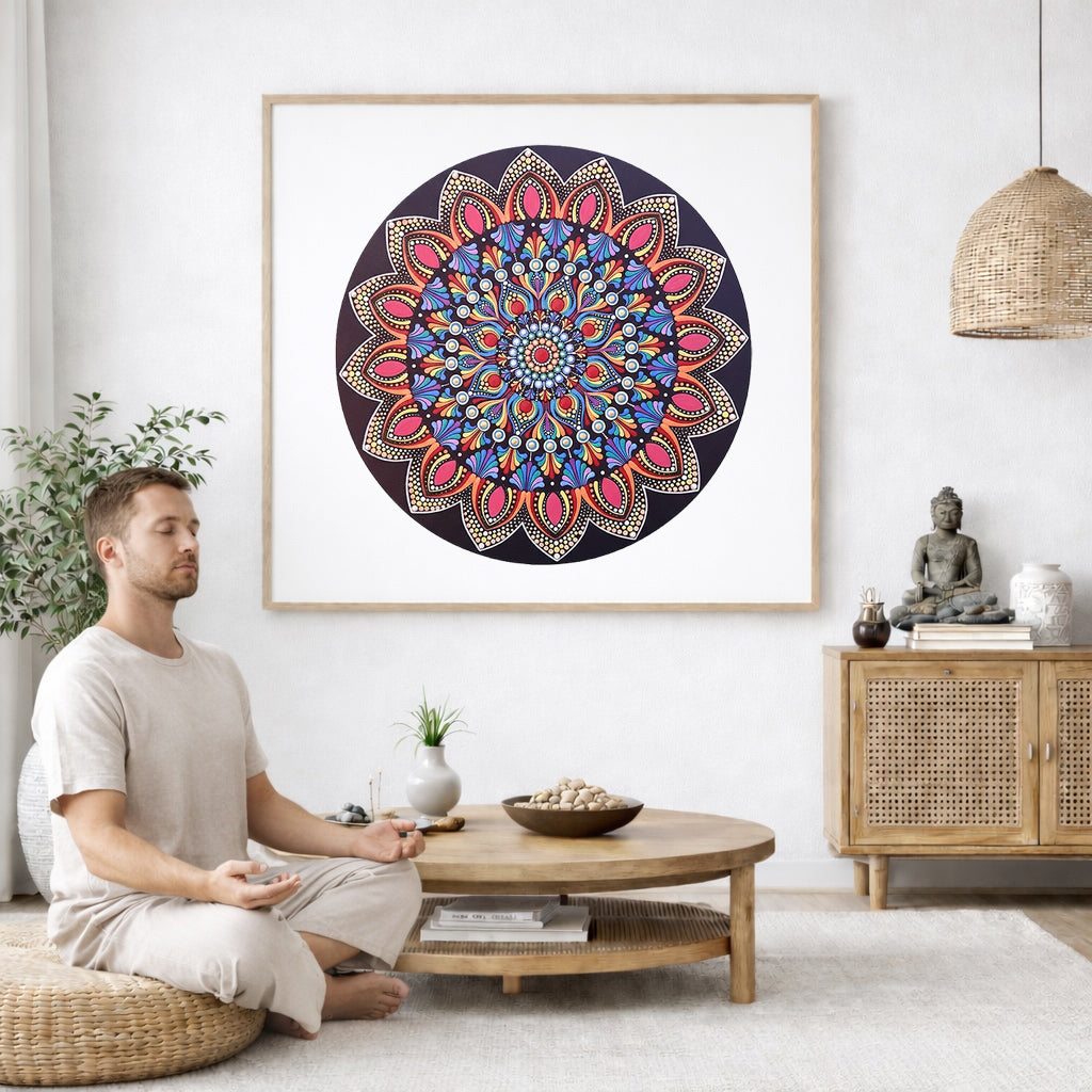Mandala featuring a brilliant red center surrounded by calming circular colored patterns, striking meditation artwork on a poster. The mandala poster is framed and is in the center of the living room wall. A man is on a chair on the left side of his living room meditating. On the right side is a cabinet with a Buddha statue on it.
