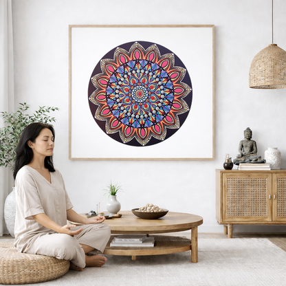 Mandala featuring a brilliant red center surrounded by calming circular colored patterns, striking meditation artwork on a poster. The mandala poster is framed and is in the center of the living room wall. A young woman is on a chair on the left side of his living room meditating. There is a green potted plant behind her. On the right side is a cabinet with a Buddha statue on it.  There is a small coffee table beside her with a bowl of meditation stones, a potted green plant and incense burning.

