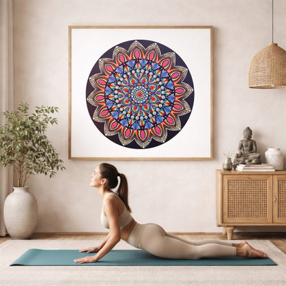 Mandala featuring a brilliant red center surrounded by calming circular colored patterns, striking meditation artwork on a poster. The mandala framed is hanging on the wall. A woman on her yoga mat is doing the cobra pose in front of the poster. here is a potted plant on the left side and a cabinet with a Buddha statue on it on the right side.

