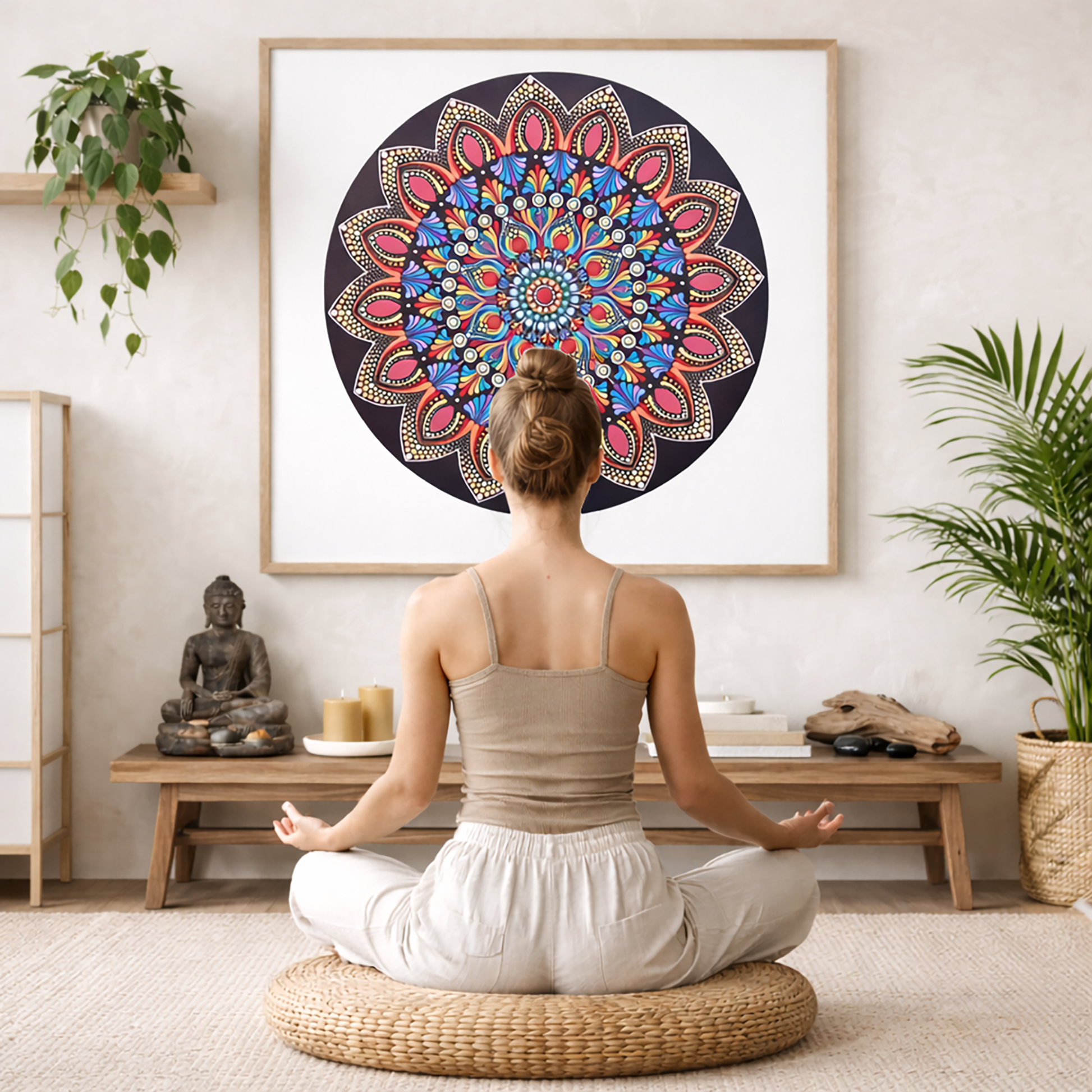 Mandala featuring a brilliant red center surrounded by calming circular colored patterns, striking meditation artwork on a poster.  The mandala is framed hanging on a living room wall. A woman is mediating facing the mandala. There is a coffee table in front of her with burning candles and a Buddha statue. There are green potted plants on each side of the room.
