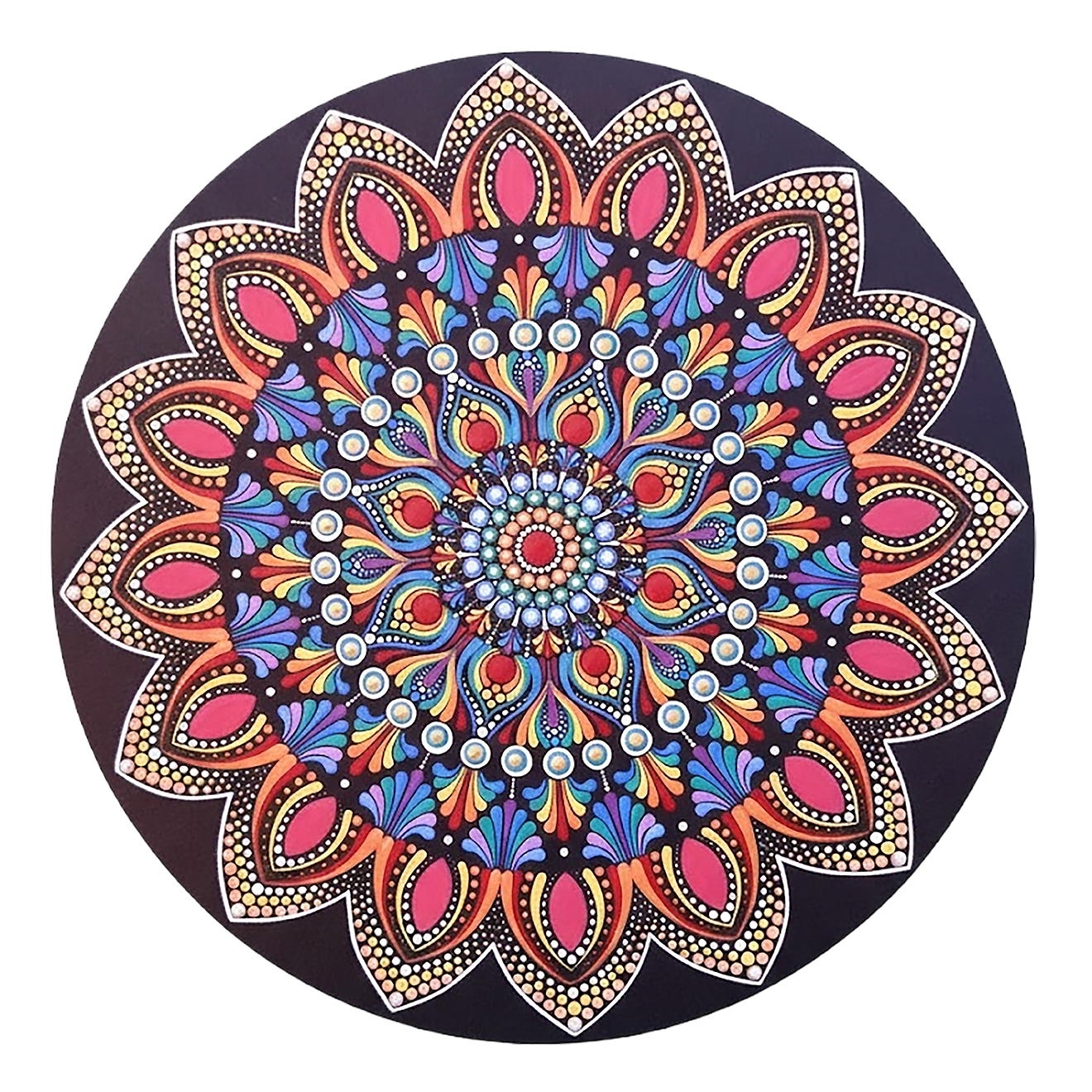 Thumbnail of a Mandala featuring a brilliant red center surrounded by calming circular colored patterns, striking meditation artwork on a poster. This is a print of the original hand-painted mandala by Brazilian artist Claudia Stagni.
