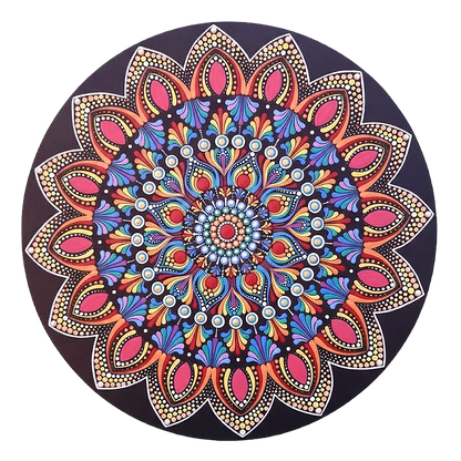 Thumbnail of a Mandala featuring a brilliant red center surrounded by calming circular colored patterns, striking meditation artwork on a poster. This is a print of the original hand-painted mandala by Brazilian artist Claudia Stagni.
