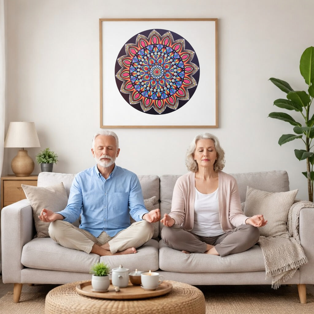 Mandala featuring a brilliant red center surrounded by calming circular colored patterns, striking meditation artwork on a poster. A couple is meditating on their couch. The mandala is framed on a wall behind them. There is a coffee table in front with candles burning and a potted plant. There is a potted plant to the right and shelves on the left.
