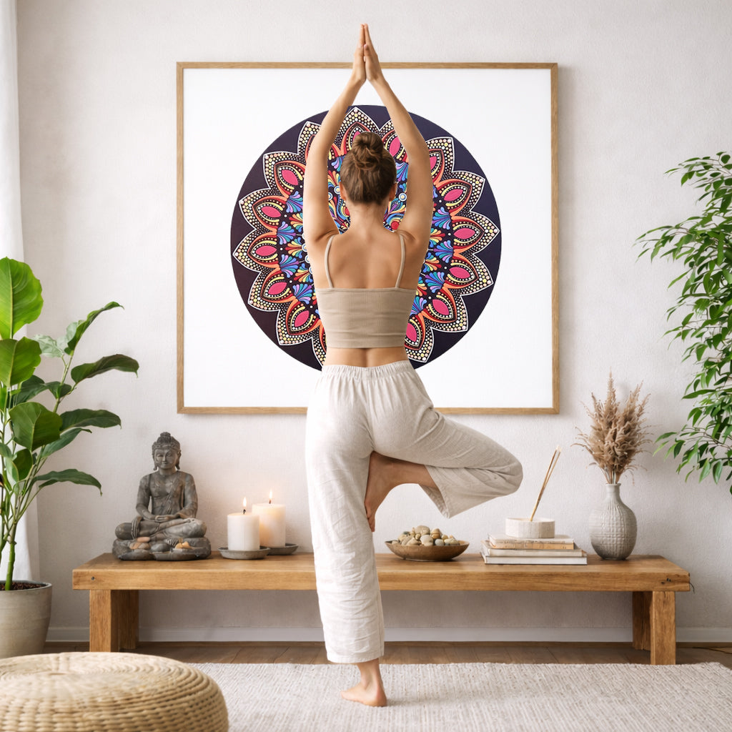 Mandala featuring a brilliant red center surrounded by calming circular colored patterns, striking meditation artwork on a poster.  The mandala is framed hanging on a living room wall. A woman is doing the yoga tree pose (Vrksasana) facing the mandala. There is a coffee table in front of her with candles and a Buddha statue. There are green potted plants on each side of the room.
