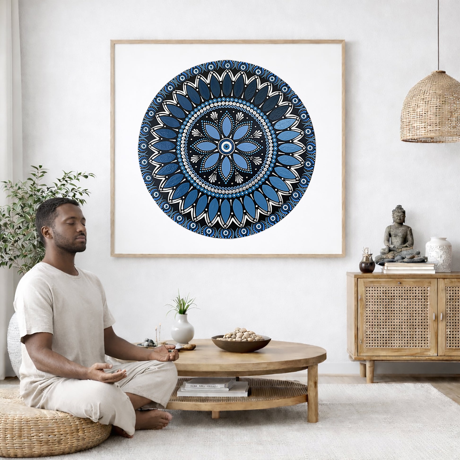 Intricate all blue mandala with layered circular symmetry and detailed geometric patterns, calming meditation artwork printed on a mindfulness poster. Man is meditating in his living room. The mandala poster is framed on the wall.