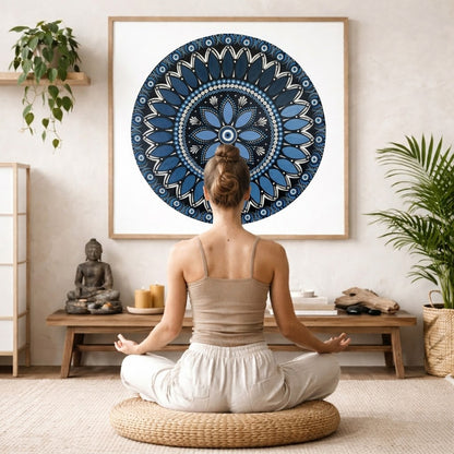 Intricate all blue mandala with layered circular symmetry and detailed geometric patterns, calming meditation artwork printed on a mindfulness poster. A woman is mediating facing the framed mandala on the wall. There is a coffee table in front of her with candles and a Buddha statue. There are green potted plants on each side of the room.