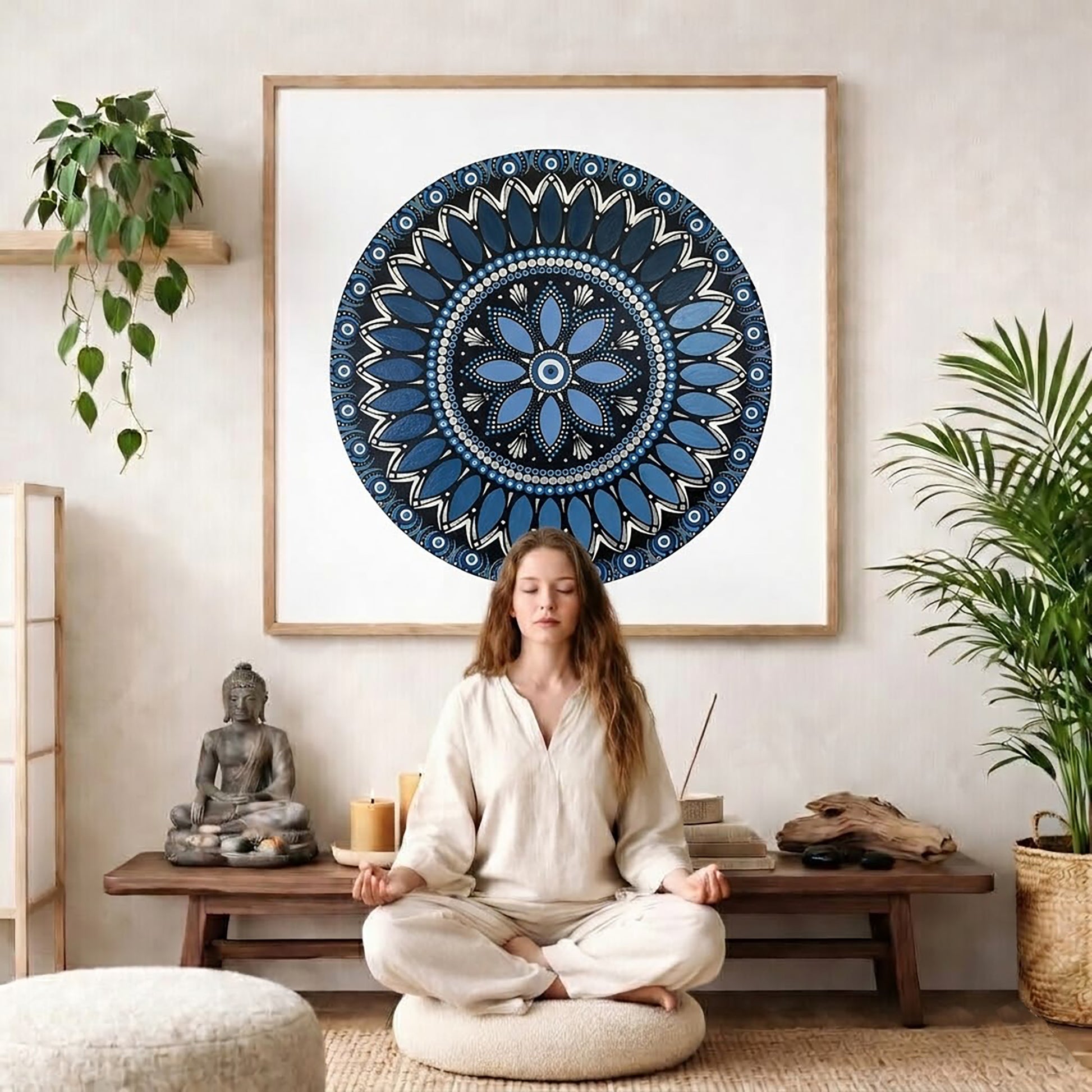 Intricate all blue mandala with layered circular symmetry and detailed geometric patterns, calming meditation artwork printed on a mindfulness poster. The mandala is framed on the wall. There is a woman meditating facing away from the wall. Behind her is a coffee table with incense and a Buddha statue. There are potted plants on the right and left side of the background.