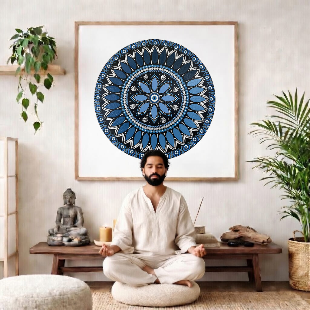 Intricate all blue mandala with layered circular symmetry and detailed geometric patterns, calming meditation artwork printed on a mindfulness poster. 
The mandala is framed hanging on a living room wall. There is a man meditating facing away from the wall. Behind him is a coffee table with incense and a Buddha statue. There are potted plants on the right and left side of the background. 
